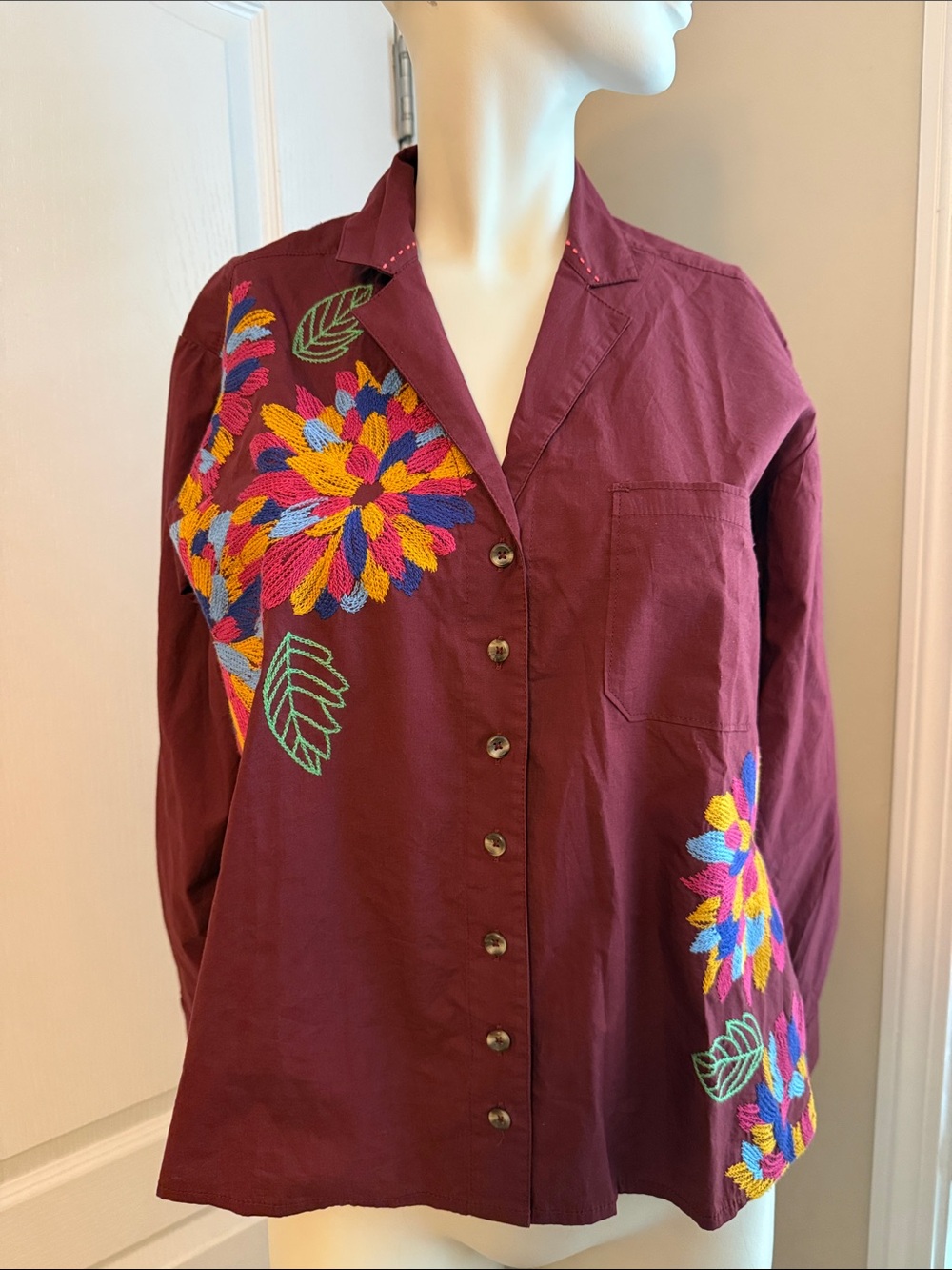 Anthropologie Maeve Burgundy Button-Front Shirt with Multicolor Floral Embroider
